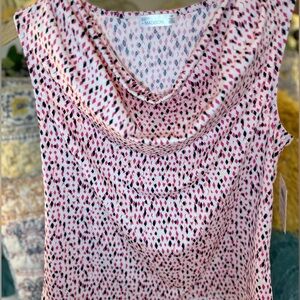 NWT 89th & Madison Pink & Black Draped Scoop Neckline Short Sleeved Top Blouse
